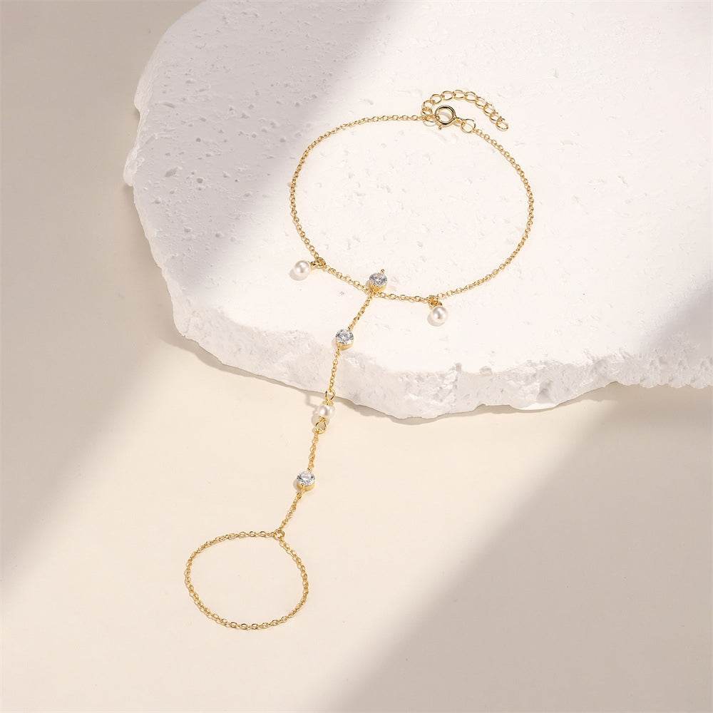 S925 sterling silver women's ring temperament pearl tassel elegant bracelet multi-layer stacked bracelet+ring - MOWTE