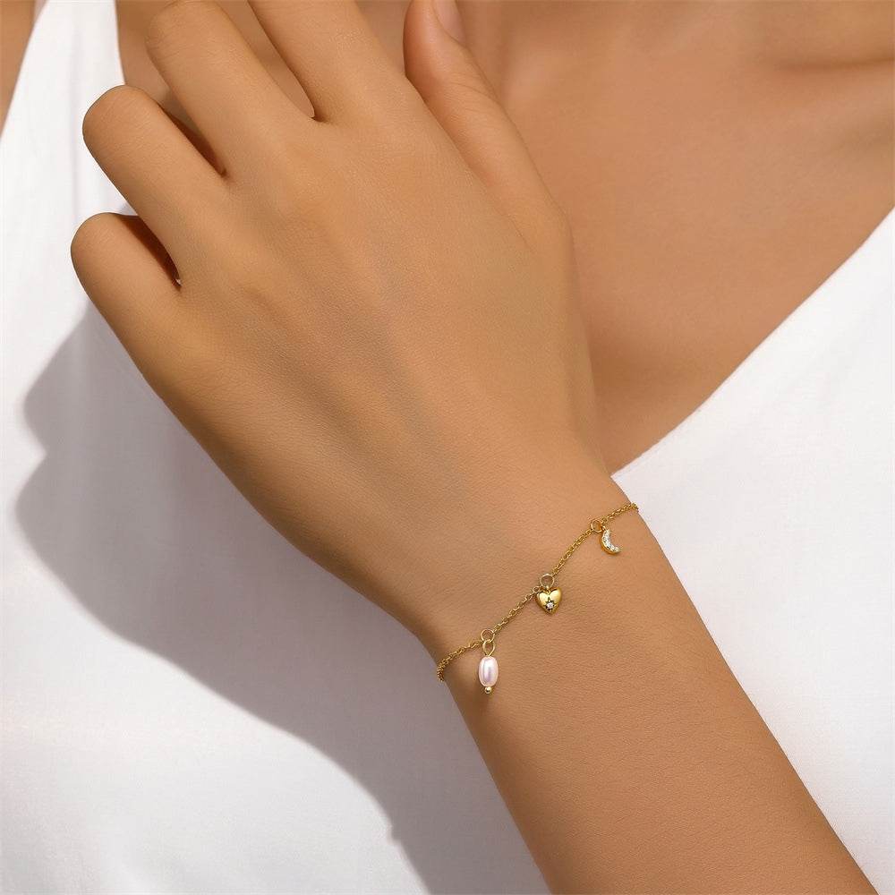 Light luxury s925 pure silver exquisite heart-shaped star moon pearl element layered bracelet - MOWTE