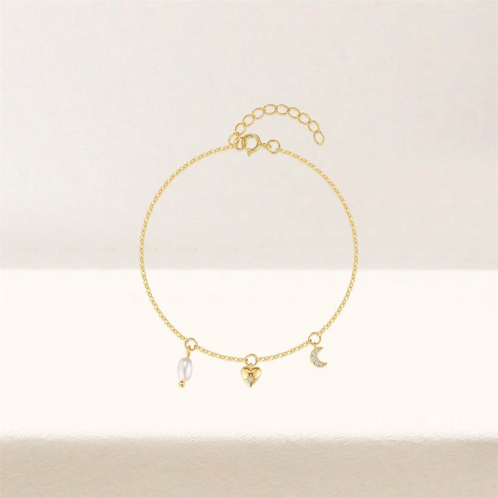 Light luxury s925 pure silver exquisite heart-shaped star moon pearl element layered bracelet - MOWTE