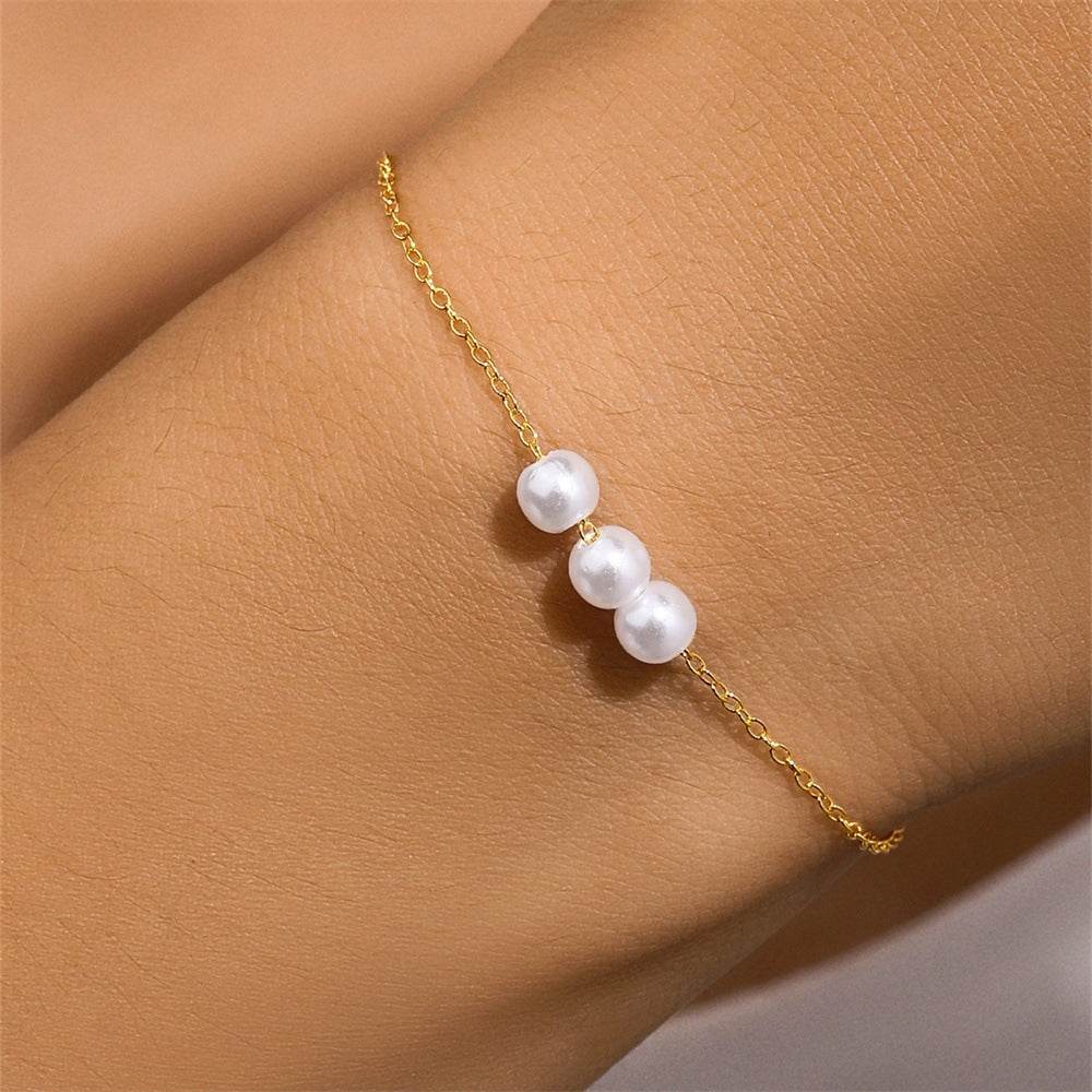 S925 sterling silver 3 pearl sliding gold fine chain bracelet exquisite - MOWTE