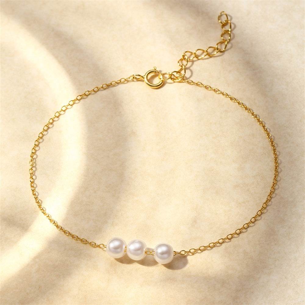 S925 sterling silver 3 pearl sliding gold fine chain bracelet exquisite - MOWTE