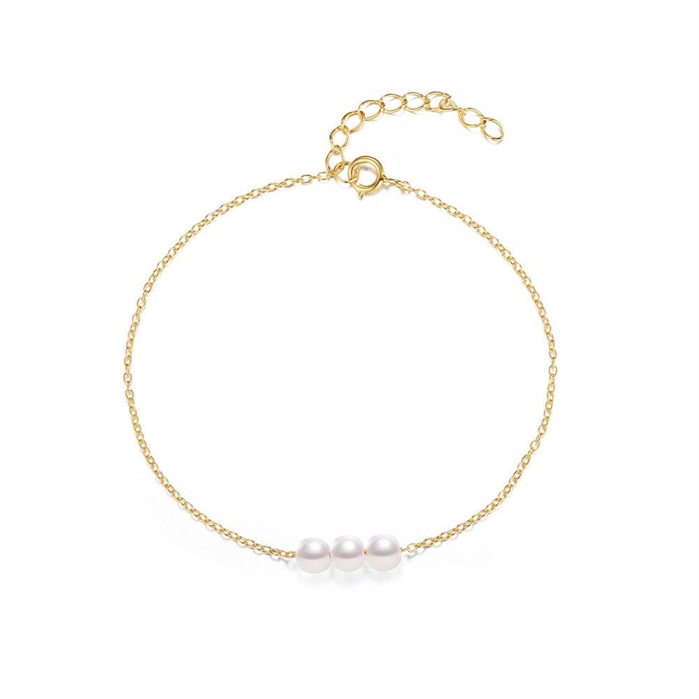 S925 sterling silver 3 pearl sliding gold fine chain bracelet exquisite - MOWTE