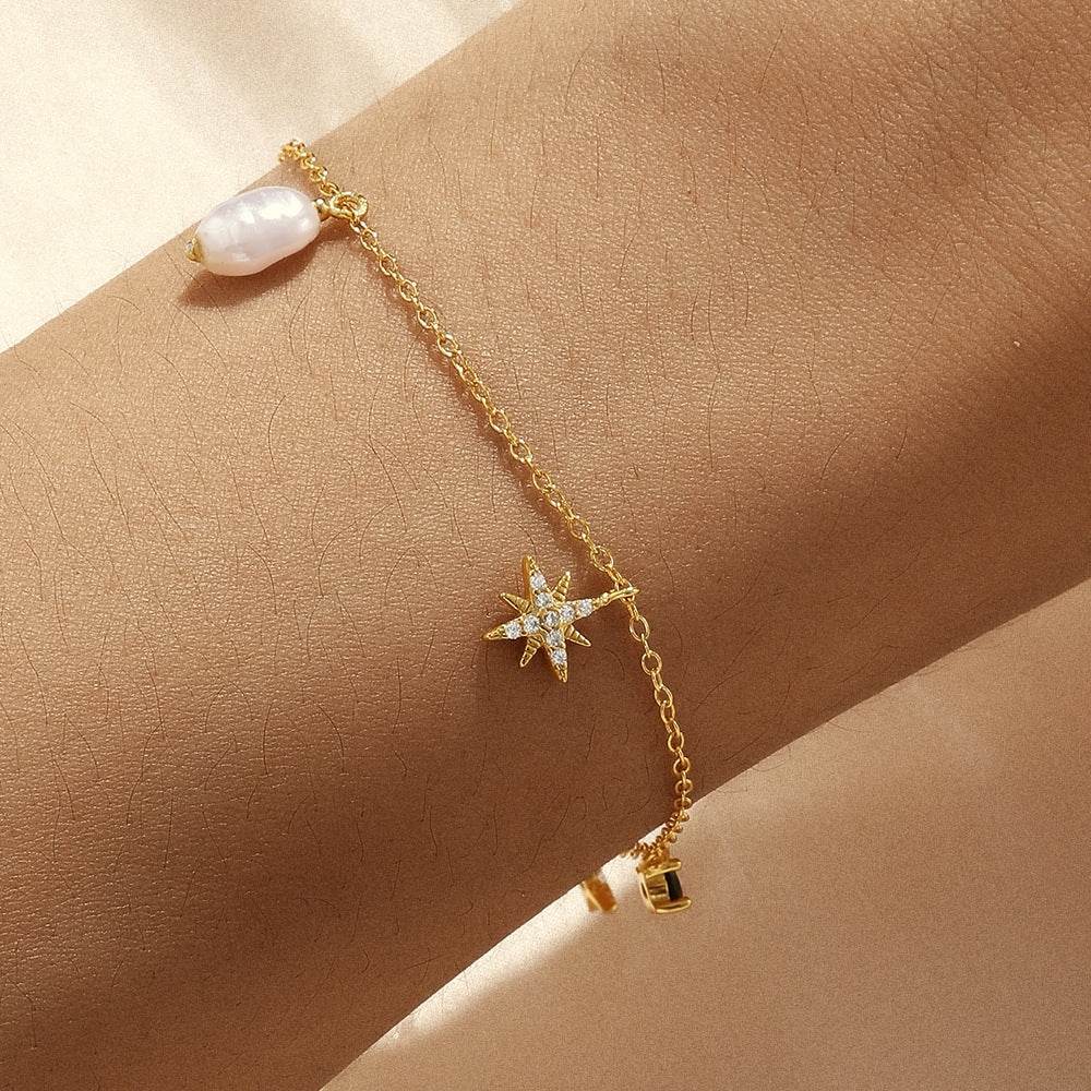 Stacked s925 sterling silver octagonal star studded diamond shaped pearl women's bracelet - MOWTE