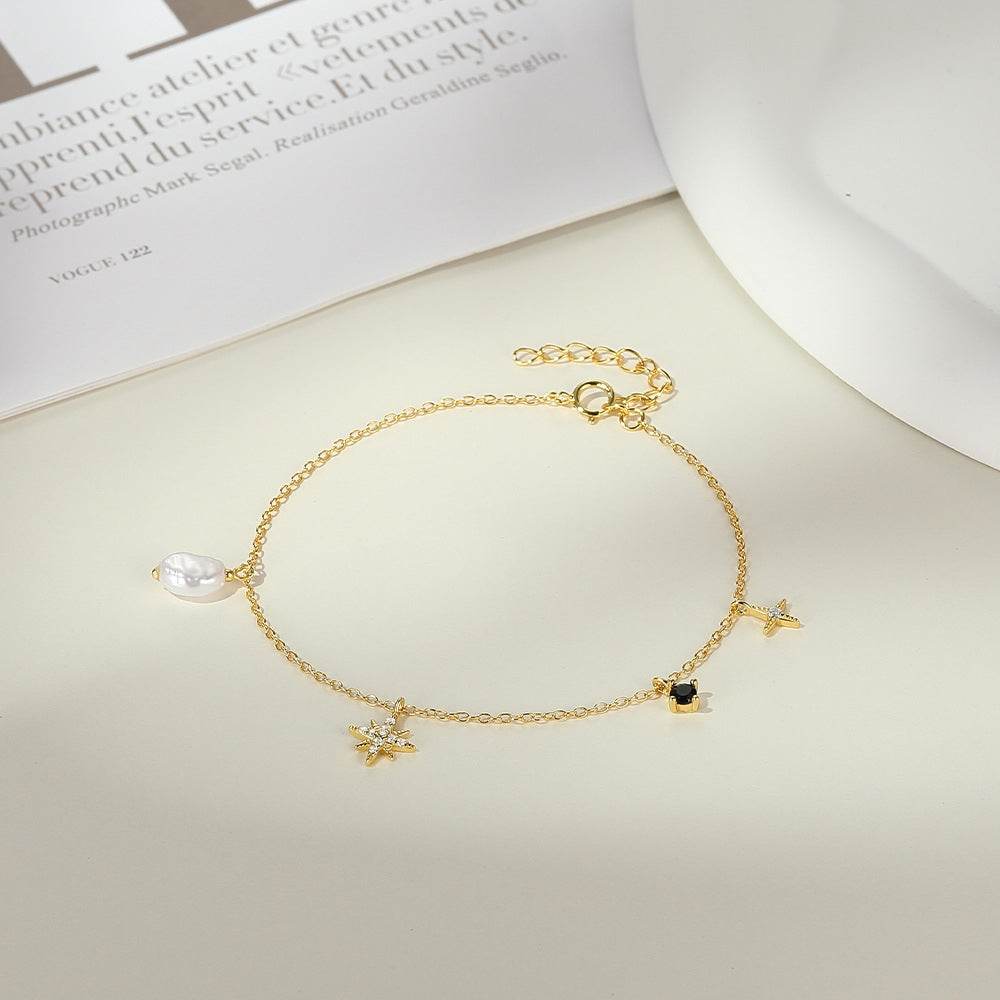 Stacked s925 sterling silver octagonal star studded diamond shaped pearl women's bracelet - MOWTE