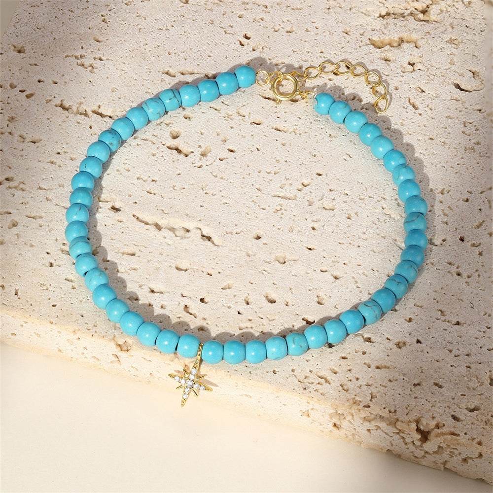 S925 pure silver turquoise zircon handmade bead bracelet versatile for daily use vintage bracelet - MOWTE