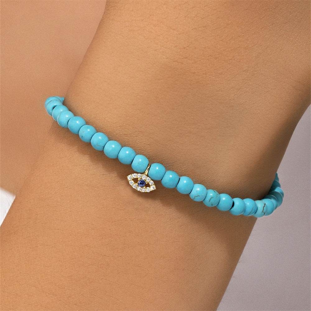 S925 pure silver turquoise zircon handmade bead bracelet versatile for daily use vintage bracelet - MOWTE