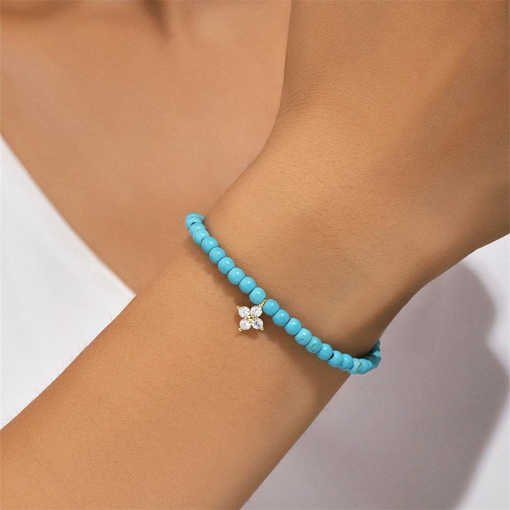 S925 pure silver turquoise zircon handmade bead bracelet versatile for daily use vintage bracelet - MOWTE
