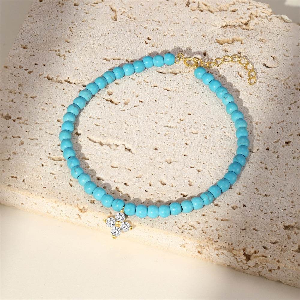 S925 pure silver turquoise zircon handmade bead bracelet versatile for daily use vintage bracelet - MOWTE