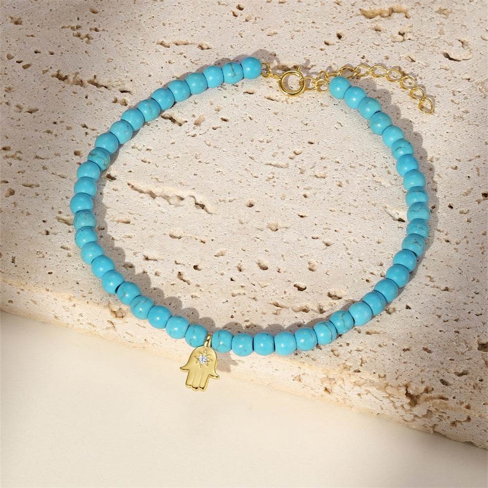 S925 pure silver turquoise zircon handmade bead bracelet versatile for daily use vintage bracelet - MOWTE