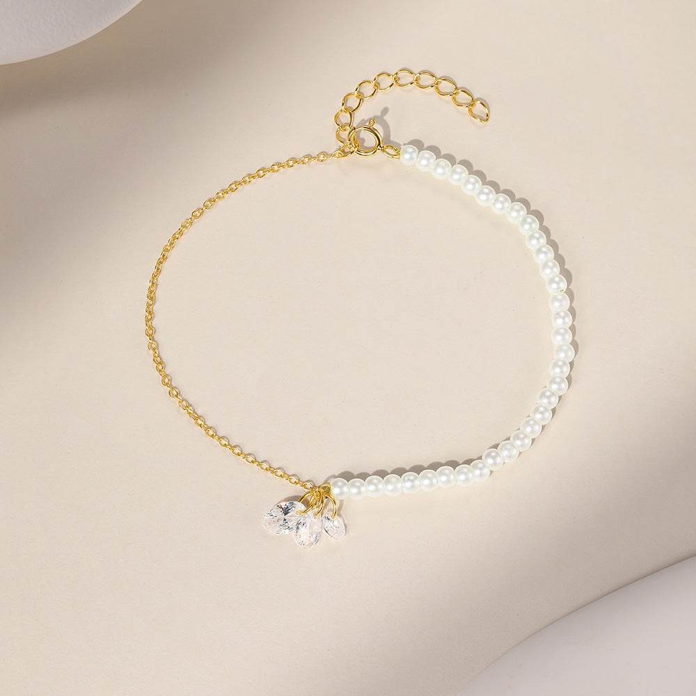Replaceable irregular zirconia s925 pure silver half pearl chain bracelet - MOWTE