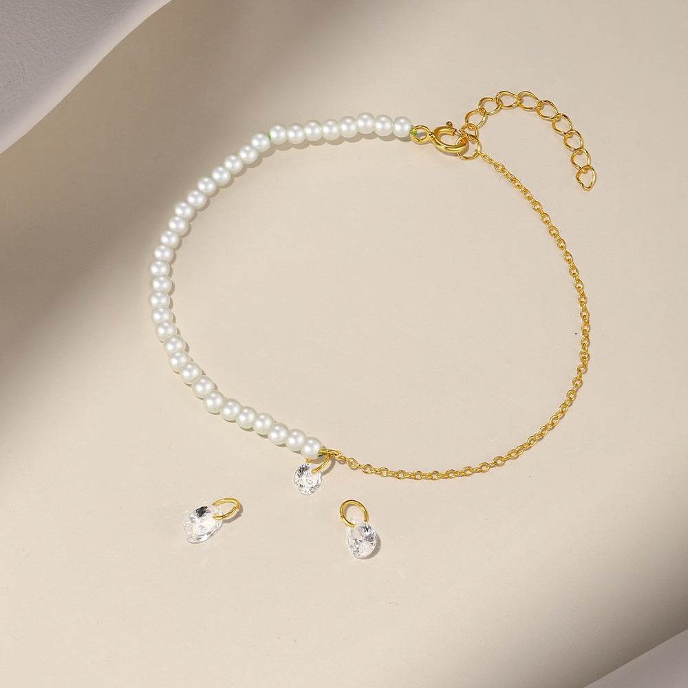 Replaceable irregular zirconia s925 pure silver half pearl chain bracelet - MOWTE
