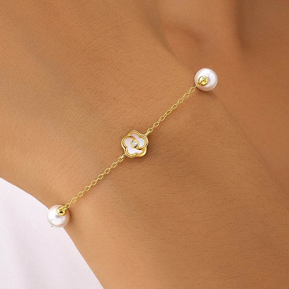 S925 pure silver five petal flower white pearl bracelet - MOWTE
