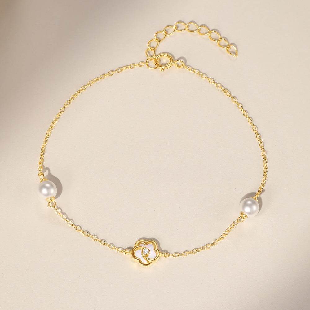 S925 pure silver five petal flower white pearl bracelet - MOWTE