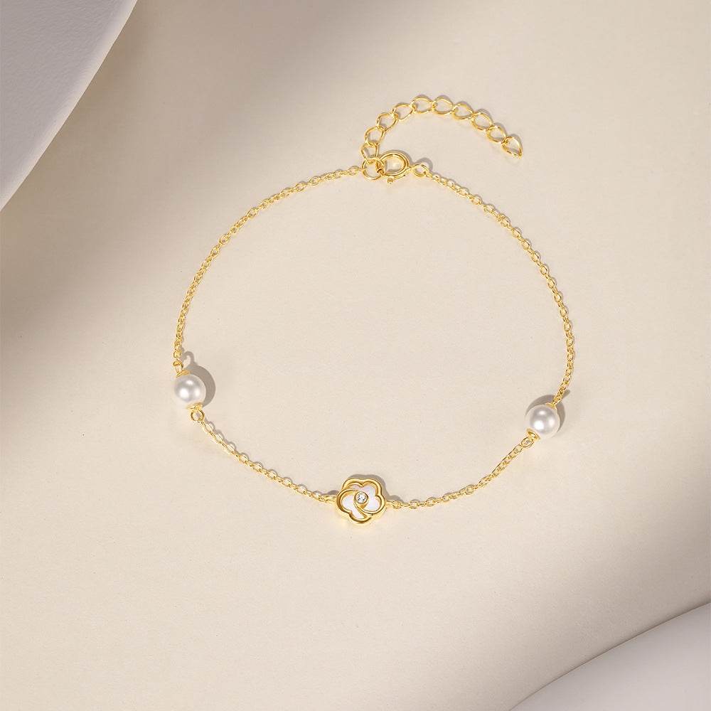 S925 pure silver five petal flower white pearl bracelet - MOWTE