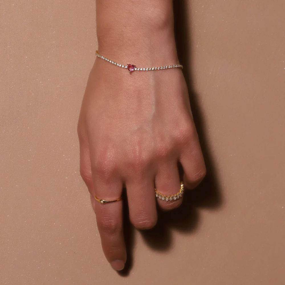 Luxury colored diamond s925 pure silver tennis set with retro red heart CZ versatile wedding bracelet - MOWTE