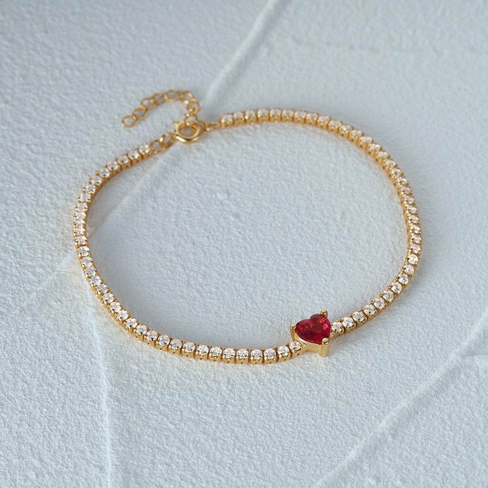 Luxury colored diamond s925 pure silver tennis set with retro red heart CZ versatile wedding bracelet - MOWTE