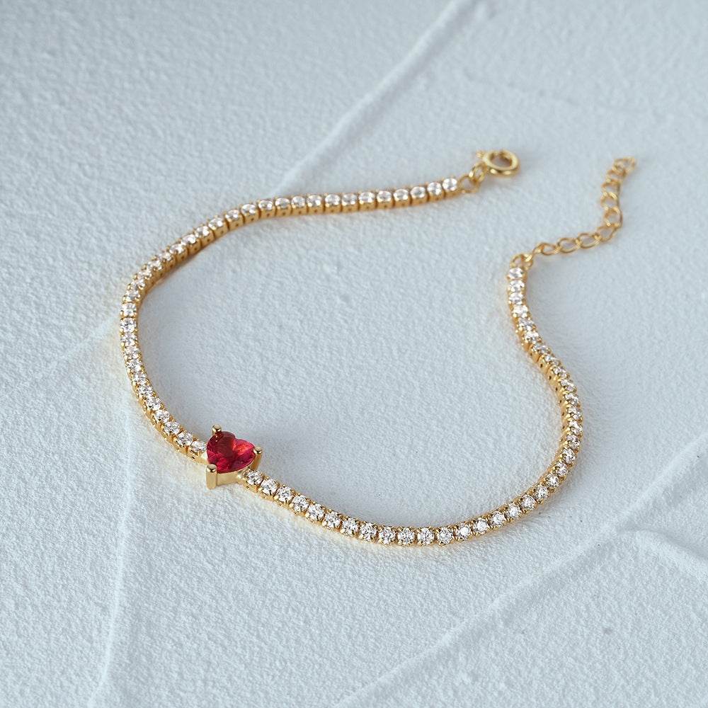 Luxury colored diamond s925 pure silver tennis set with retro red heart CZ versatile wedding bracelet - MOWTE