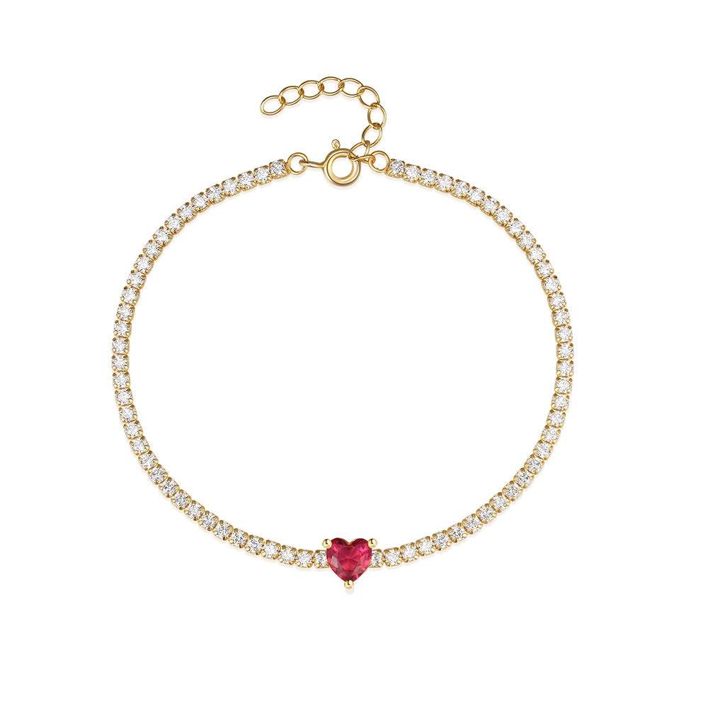 Luxury colored diamond s925 pure silver tennis set with retro red heart CZ versatile wedding bracelet - MOWTE