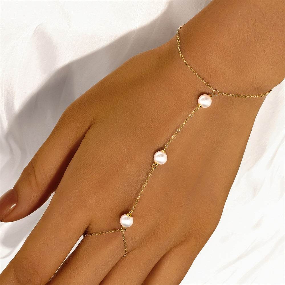 925 sterling silver minimalist white pearl for women finger linked bracelet - MOWTE