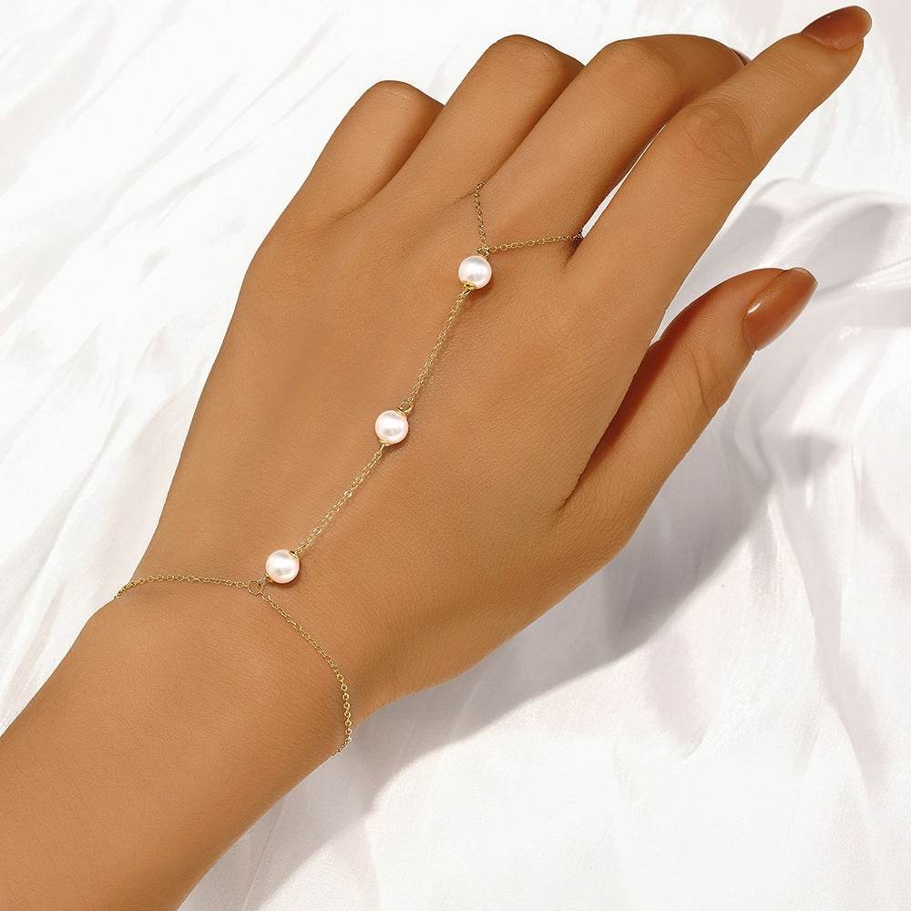925 sterling silver minimalist white pearl for women finger linked bracelet - MOWTE