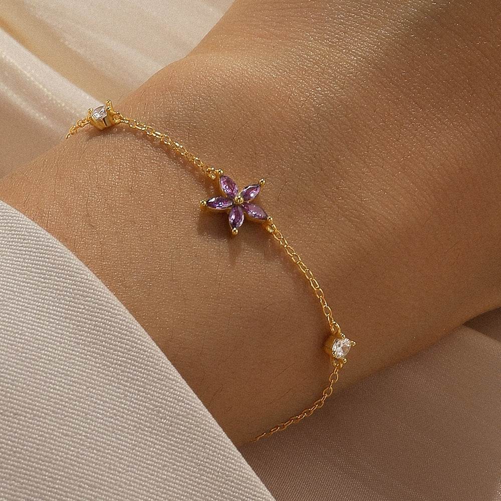 S925 pure silver purple flower set with diamonds daily matching for office ladies bracelet - MOWTE