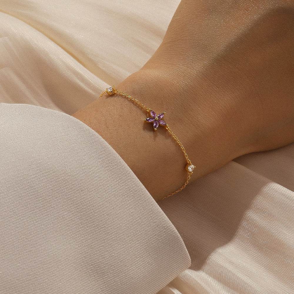 S925 pure silver purple flower set with diamonds daily matching for office ladies bracelet - MOWTE