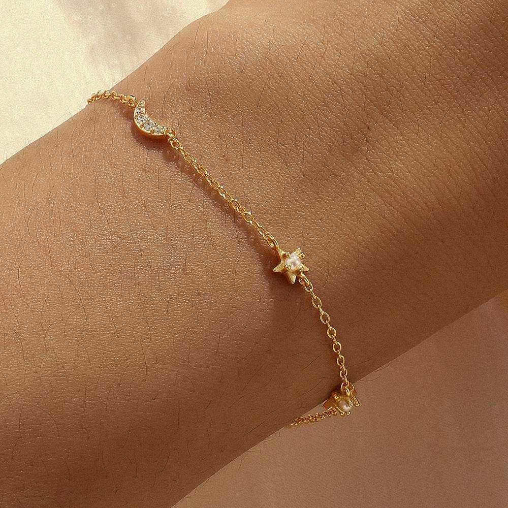 S925 sterling silver star moon set pearls layered for daily wear paired women's bracelets - MOWTE