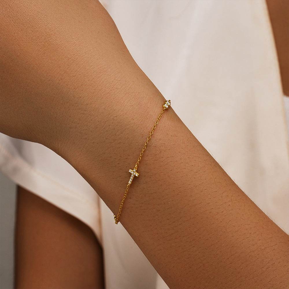 S925 sterling silver cross double button zircon inlaid daily wear women's bracelet - MOWTE