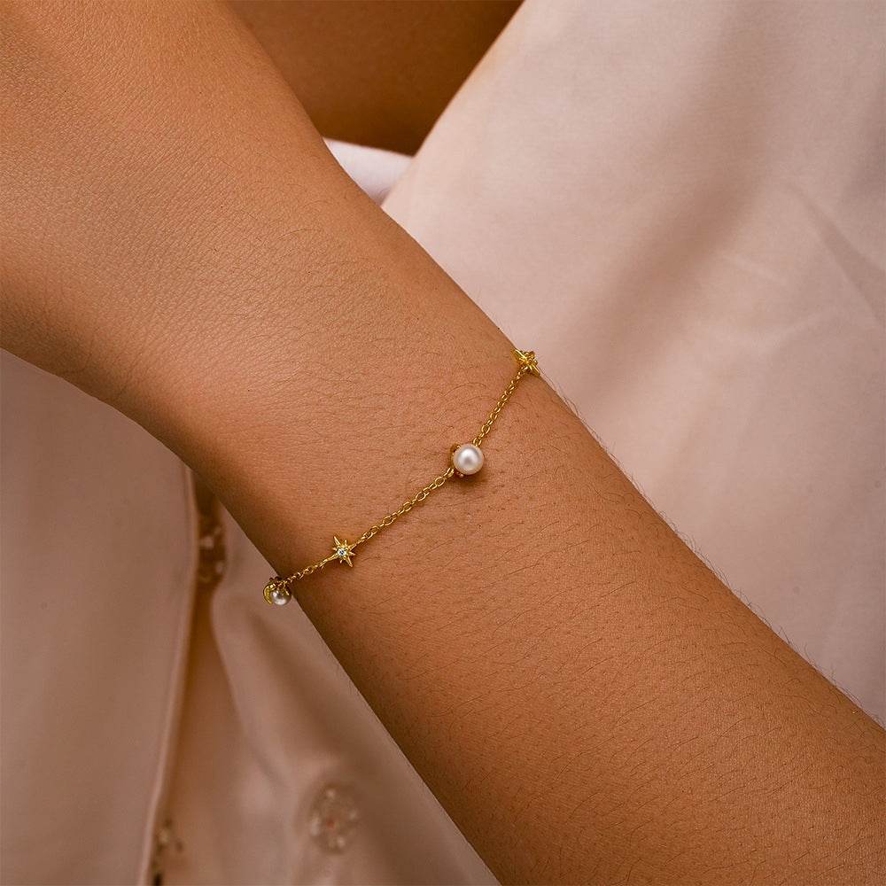 S925 pure silver octagonal star paired with pearl layered bracelet - MOWTE