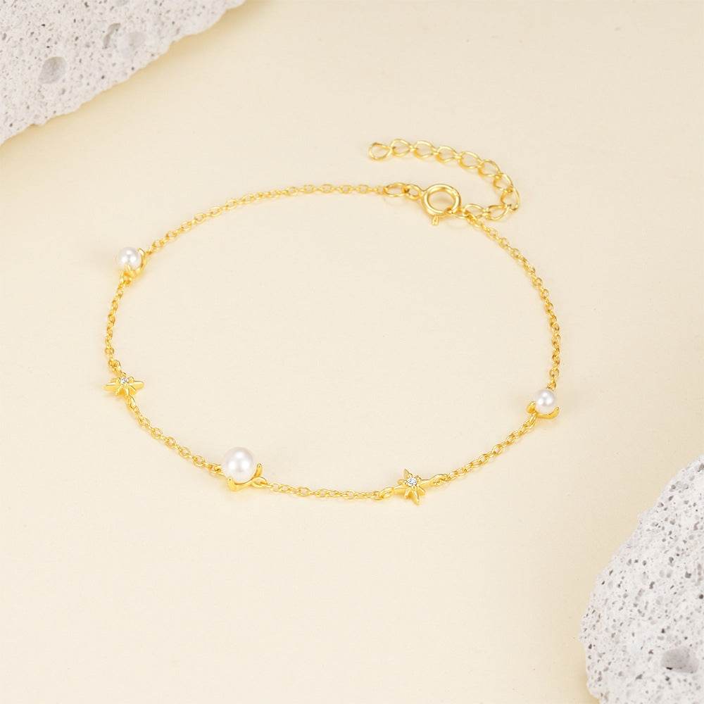 S925 pure silver octagonal star paired with pearl layered bracelet - MOWTE