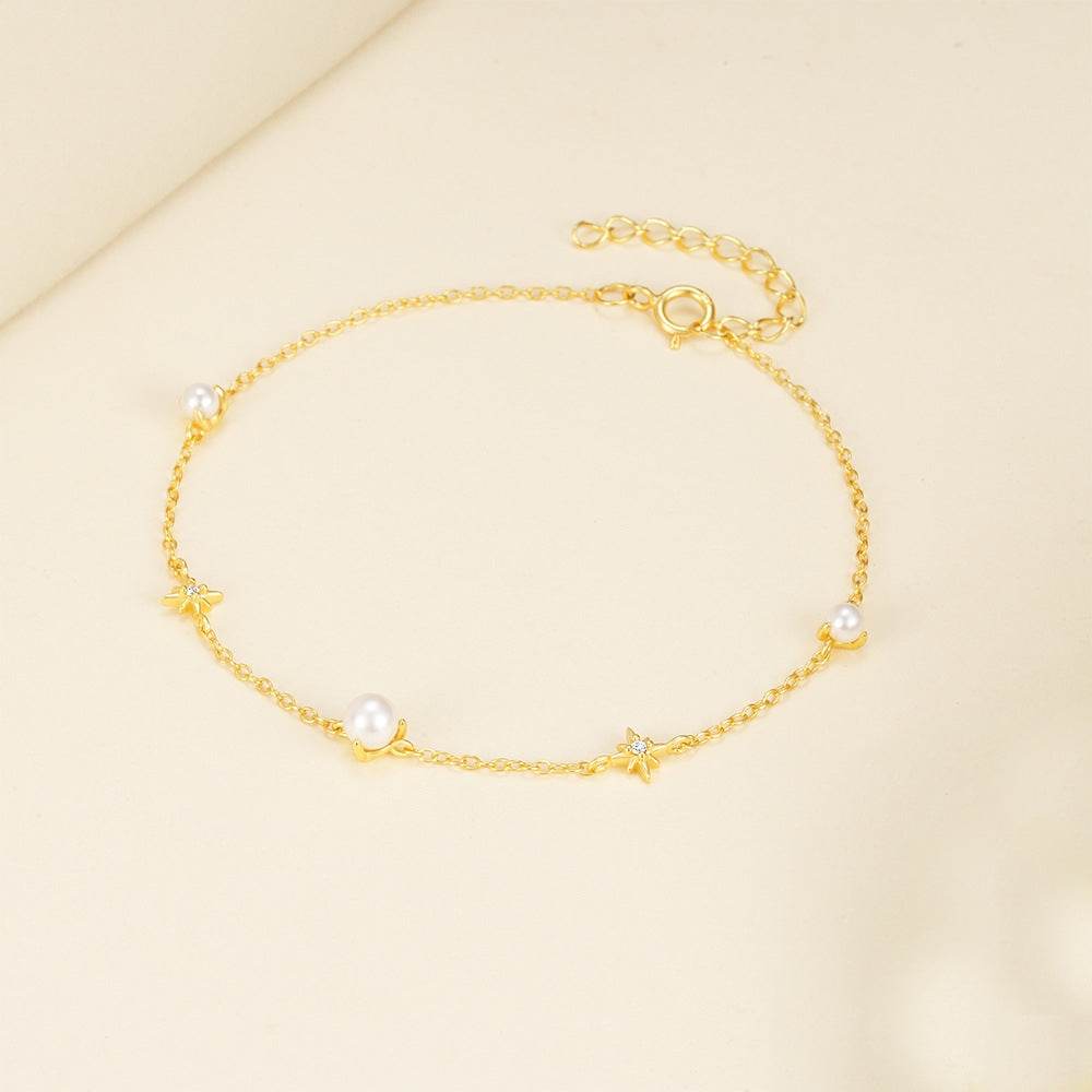 S925 pure silver octagonal star paired with pearl layered bracelet - MOWTE