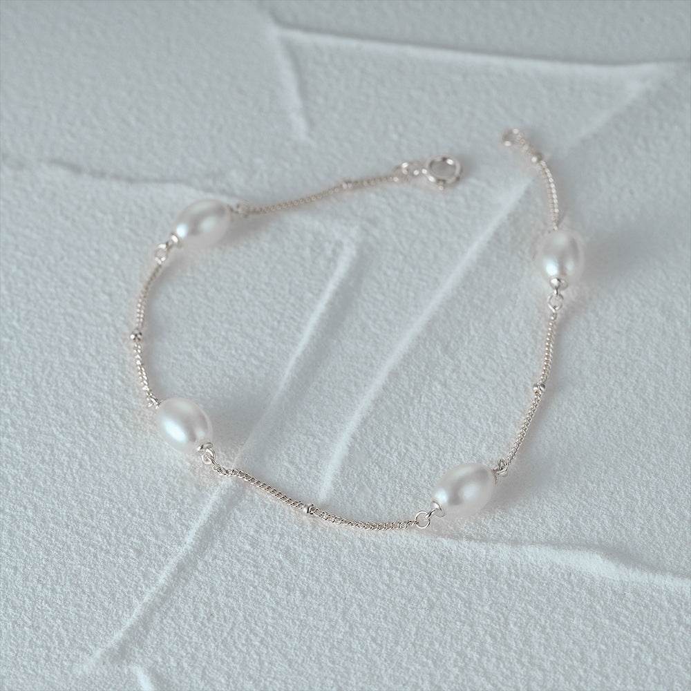 S925 pure silver interval pearl diamond women's bracelet - MOWTE