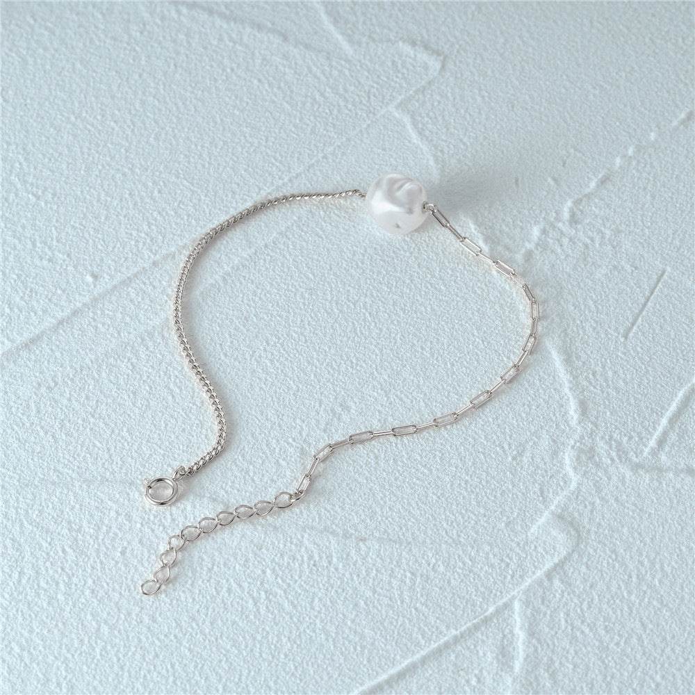 S925 sterling silver paperclip double pieced irregular Baroque shaped pearl bracelet - MOWTE