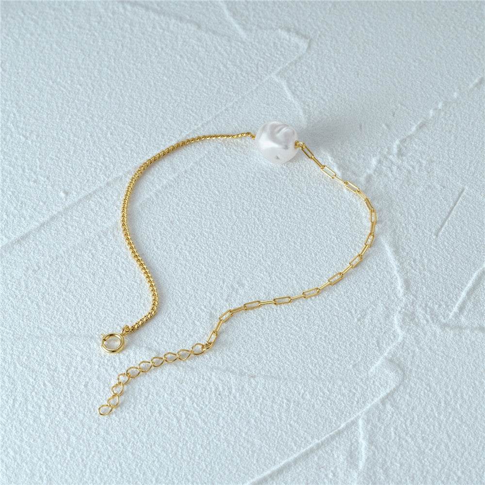 S925 sterling silver paperclip double pieced irregular Baroque shaped pearl bracelet - MOWTE