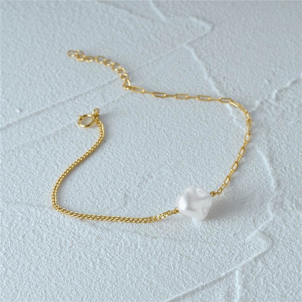 S925 sterling silver paperclip double pieced irregular Baroque shaped pearl bracelet - MOWTE