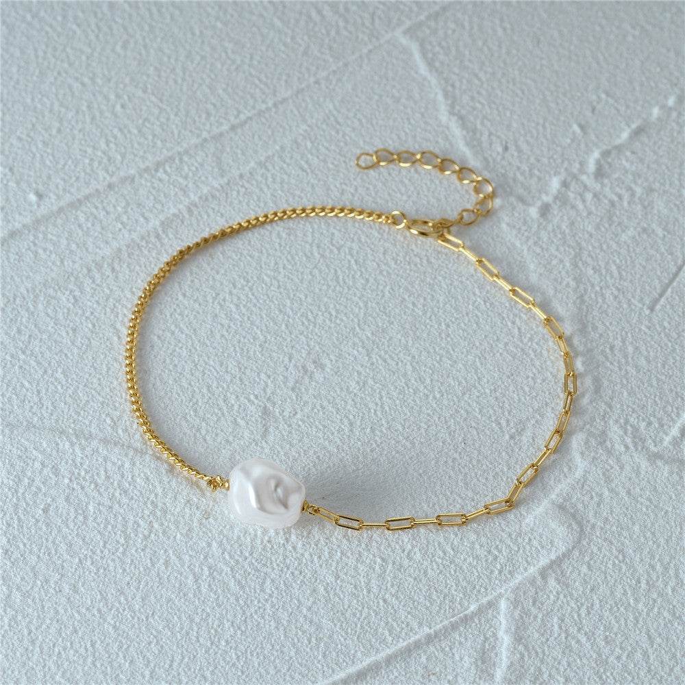 S925 sterling silver paperclip double pieced irregular Baroque shaped pearl bracelet - MOWTE