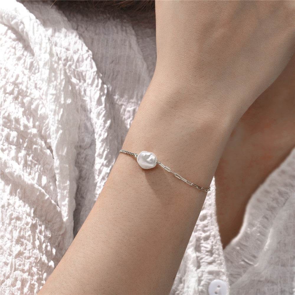 S925 sterling silver paperclip double pieced irregular Baroque shaped pearl bracelet - MOWTE