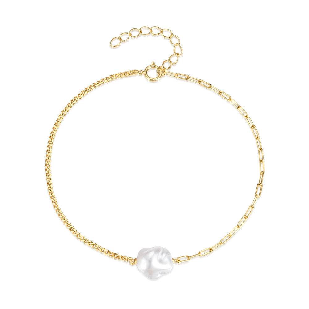 S925 sterling silver paperclip double pieced irregular Baroque shaped pearl bracelet - MOWTE