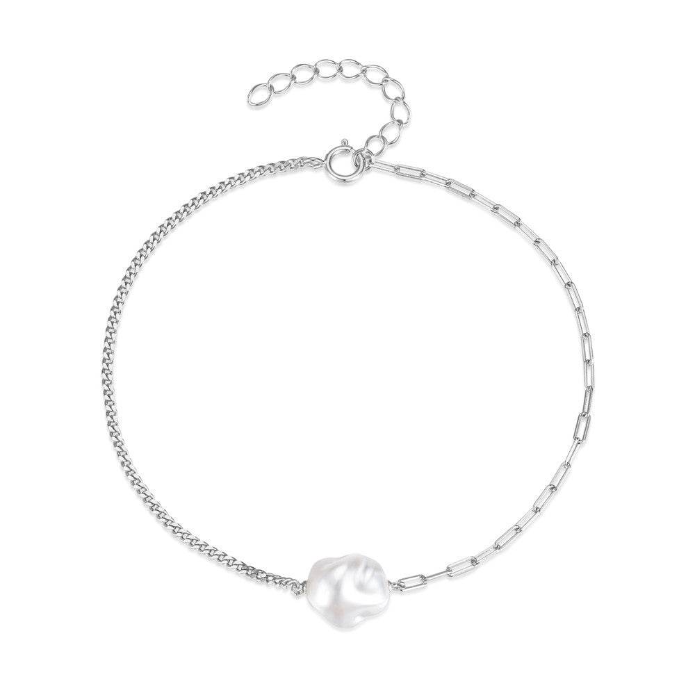 S925 sterling silver paperclip double pieced irregular Baroque shaped pearl bracelet - MOWTE