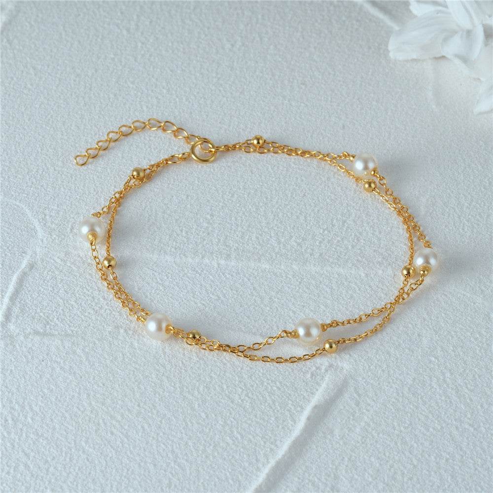 S925 sterling silver versatile layered double layered pearl small gold bead bracelet - MOWTE