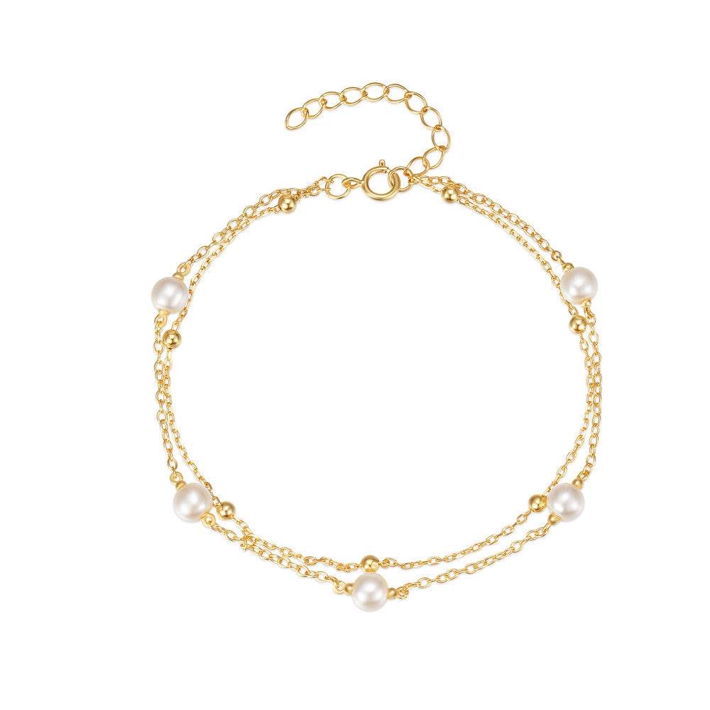 S925 sterling silver versatile layered double layered pearl small gold bead bracelet - MOWTE