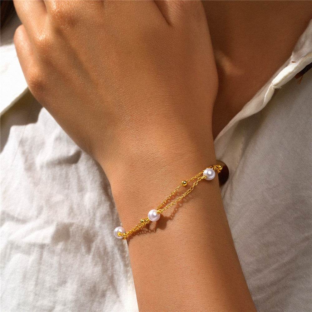 S925 sterling silver versatile layered double layered pearl small gold bead bracelet - MOWTE