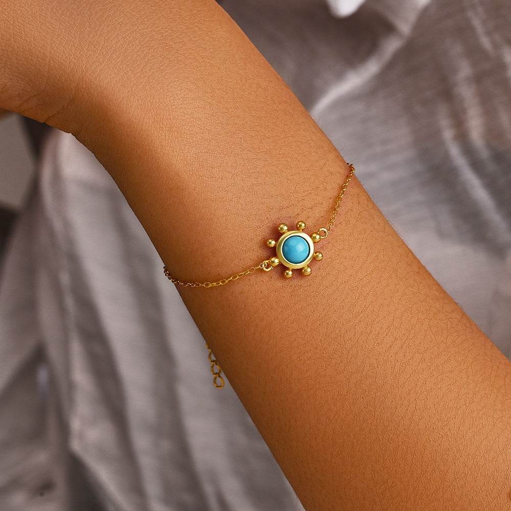 S925 pure silver turquoise flower round brand diamond inlaid women's bracelet - MOWTE