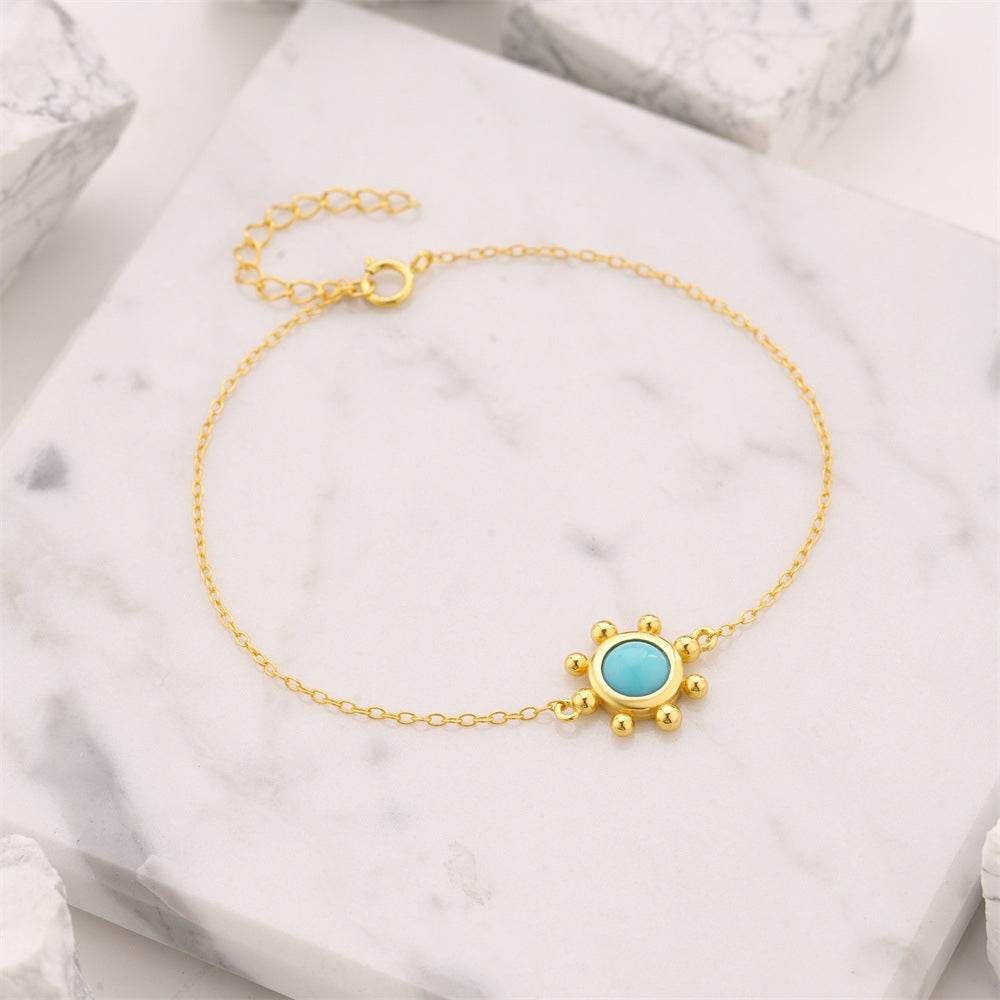 S925 pure silver turquoise flower round brand diamond inlaid women's bracelet - MOWTE