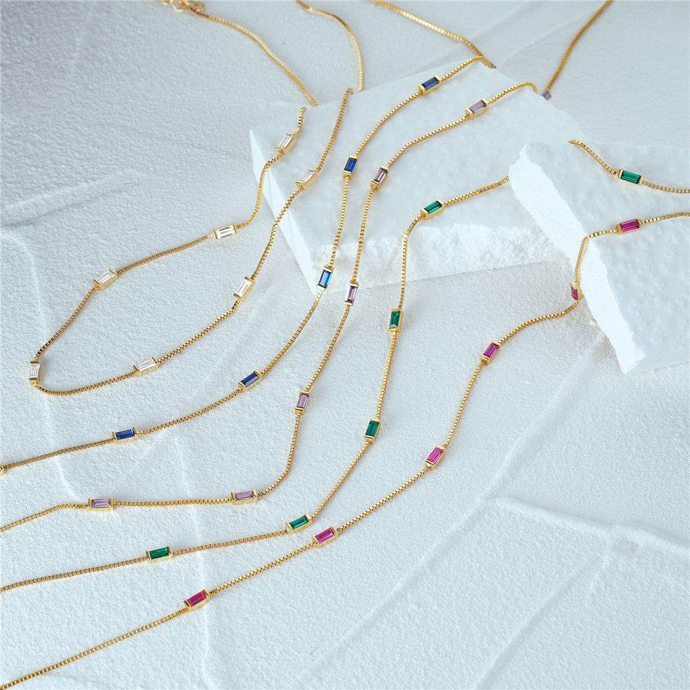 925 sterling silver exquisite simple fine chain color diamond collarbone chain necklace - MOWTE