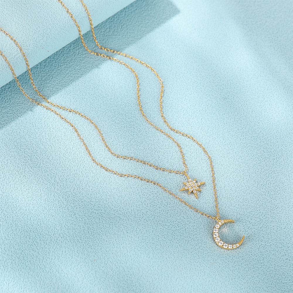 S925 sterling silver double-layer layered diamond star moon collarbone chain - MOWTE