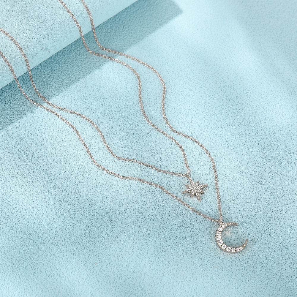S925 sterling silver double-layer layered diamond star moon collarbone chain - MOWTE