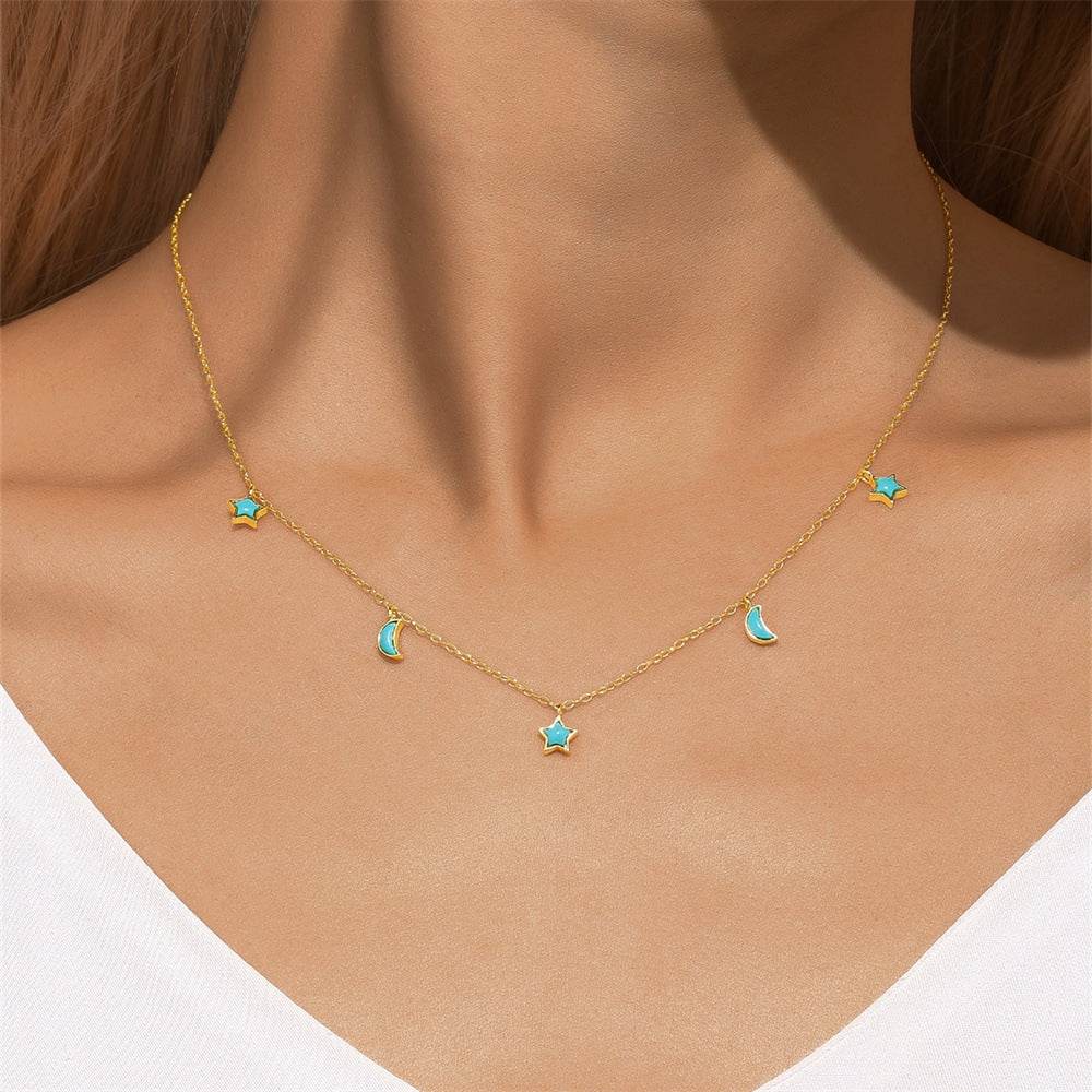 S925 sterling silver star moon turquoise necklace - MOWTE