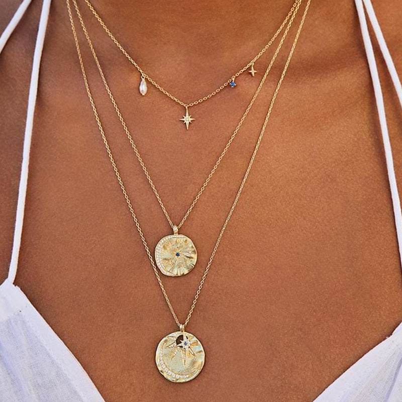 S925 sterling silver octagonal star diamonds shaped pearls stackable collarbone chain - MOWTE