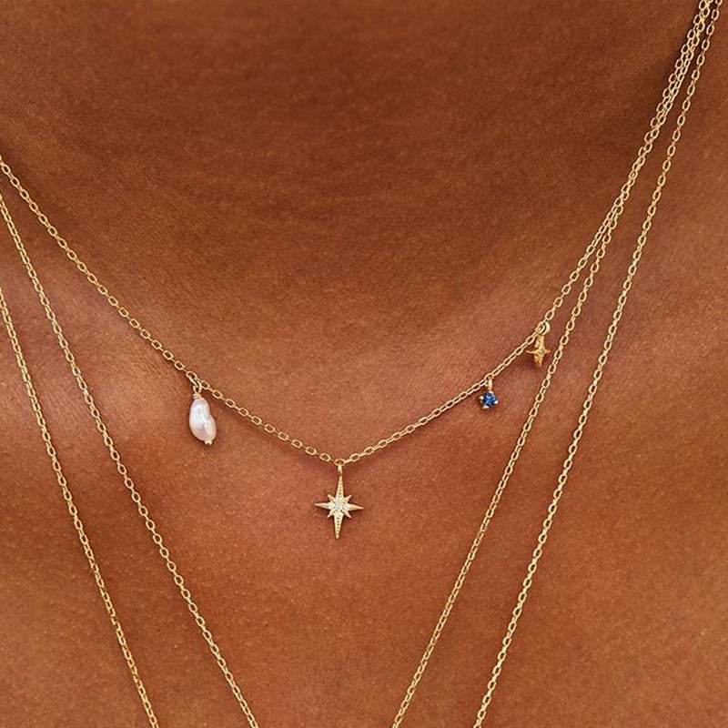S925 sterling silver octagonal star diamonds shaped pearls stackable collarbone chain - MOWTE